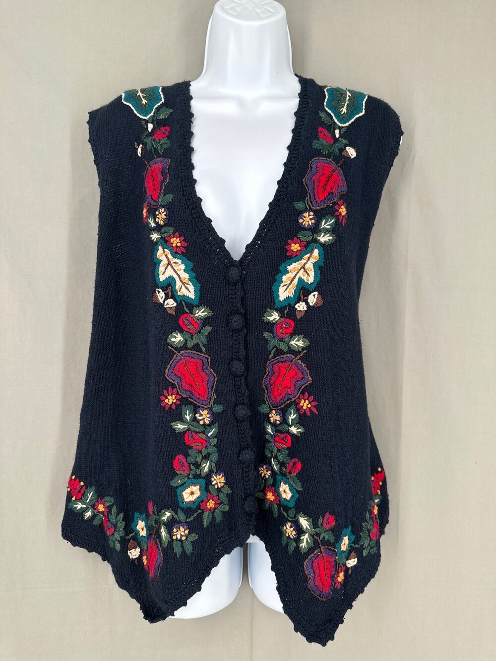 90s Vintage Sweater Vest Womens XL Navy Blue Floral Cottage Cabin Embroidered